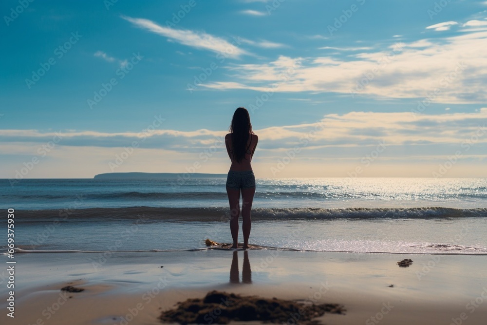 Generative AI : woman practicing yoga at seashore