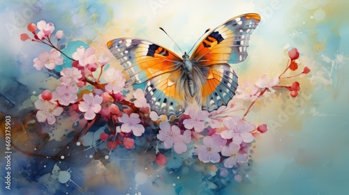 Fototapeta Naklejka Na Ścianę i Meble -  A beautiful watercolor of a butterfly on a flower with a soft yellow background. AI Generative