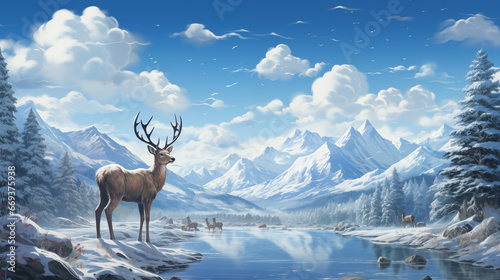 Reindeer in snowy landscape with pines forest and hills on background. Drawing art and paint style of snow-covered field. Horizontal nature scene.