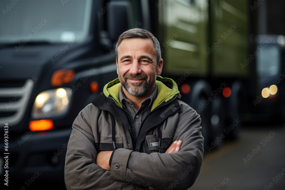 Active happy adult man. Portrait of male truck driver in front of van smiling to camera with arms crossed. Business distribution and fast safe logistics express service concept. Active happy adult man. Portrait of male truck driver in front of van smiling to camera with arms crossed. Business distribution and fast safe logistics express service concept.