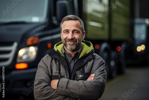 Active happy adult man. Portrait of male truck driver in front of van smiling to camera with arms crossed. Business distribution and fast safe logistics express service concept.