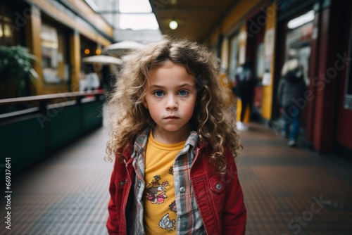 Portrait of a beautiful little girl with curly hair in a red jacket