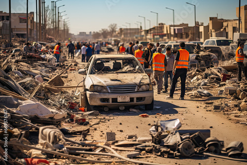 a car that has been wrecked in the middle of an urban area with people standing around it and cars are scattered on the ground