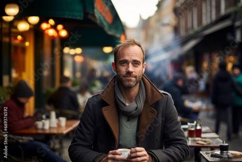 Portrait of a handsome man with a cup of coffee in the street