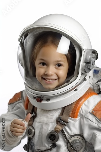 child girl with astronaut costume; kid wearing a space suit; dream childhood imagination and science concept