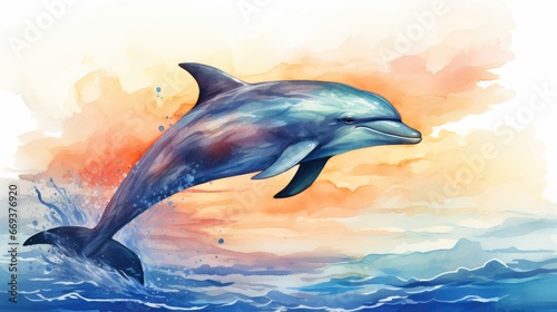 A dolphin jumping out of the water, watercolor, gradient ocean, cool tones. AI Generative © Horsi