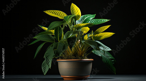 A potted tropical plant with broad, dark green leaves photo