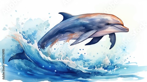 A dolphin jumping out of the water  watercolor  gradient ocean  cool tones. AI Generative