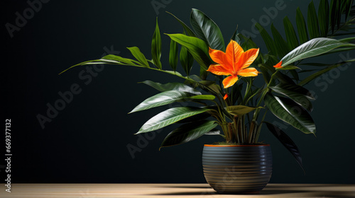 A potted tropical plant with broad, dark green leaves and a single orange blossom