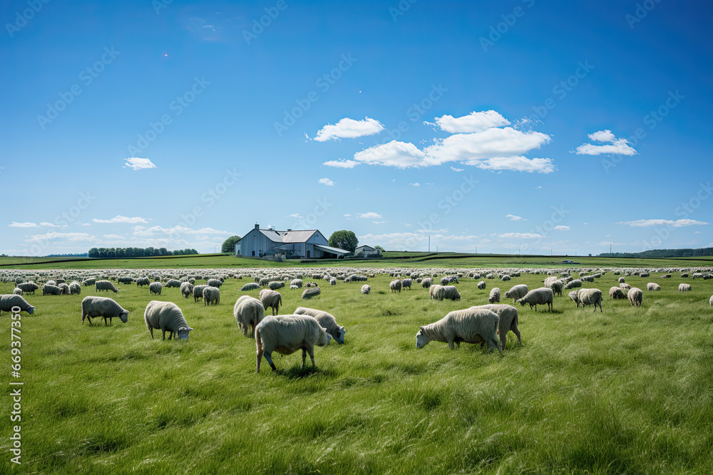 Obraz premium sheep grazing in a field with a barn in the background and a blue sky above them are white fluffy clouds