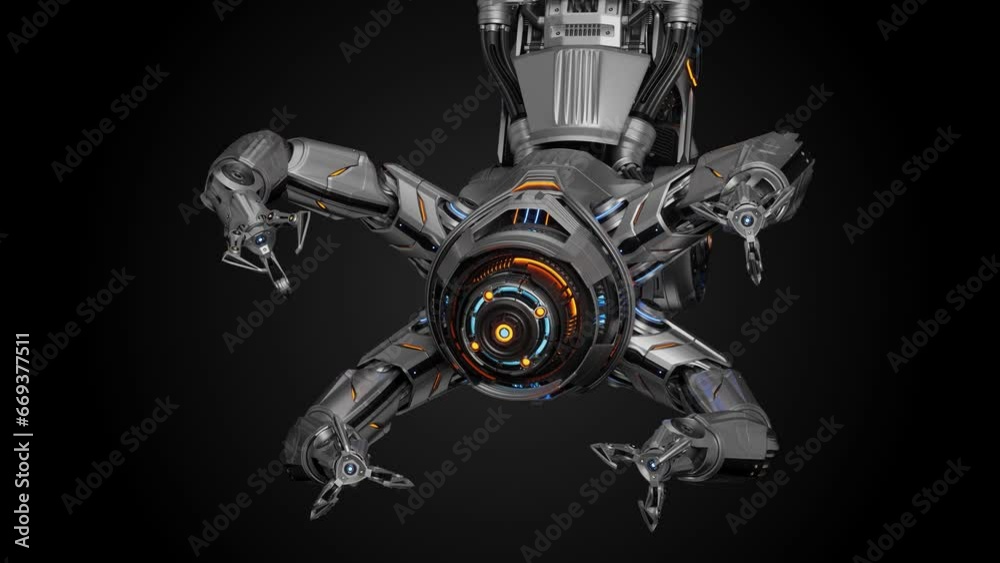 Cyber machine manipulator equipped with multiple robotic arms for advanced works in nano technology or various space constructions. 3d rendering animation with alpha isolated on black background
