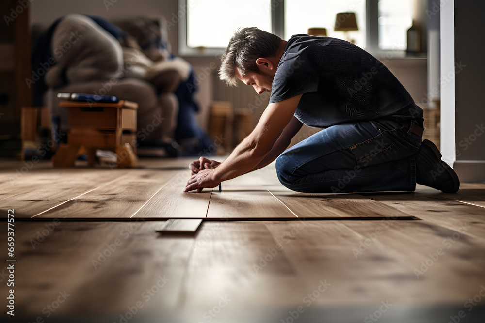 DIY Home Improvement. A Homeowner Installing New Flooring in a Living Room DIY Home Improvement. A Homeowner Installing New Flooring in a Living Room