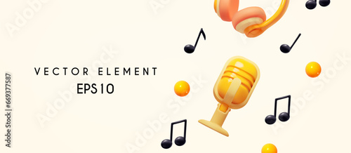Music concept. Headphones. music notes and retro vocal microphone.