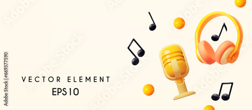 Music concept. Headphones. music notes and retro vocal microphone.