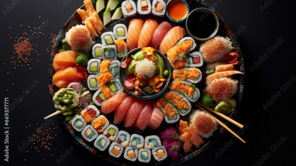 A platter of artfully arranged sushi, with a variety of colorful fillings and sauces 