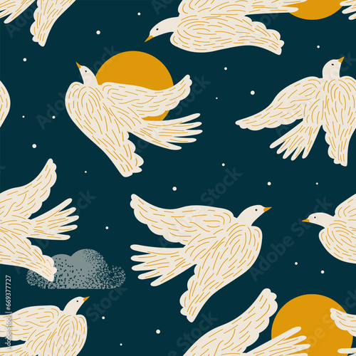 White birds on a dark blue background with sun and cloud create a seamless pattern for textiles. Vector.