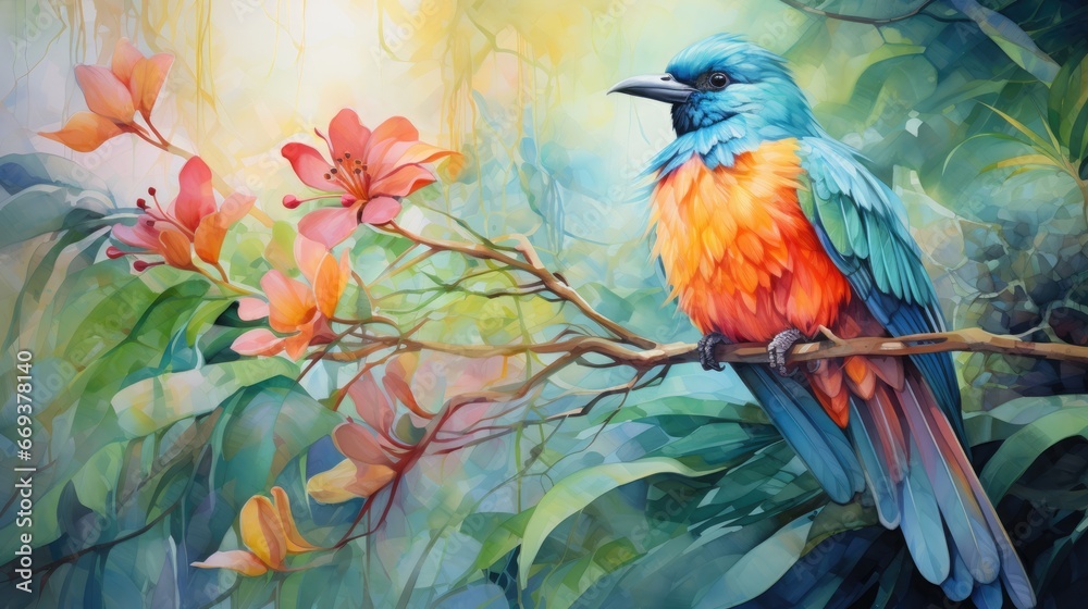 Obraz premium A hummingbird hovering over a flower, watercolor, detailed, pastel colors. AI Generative