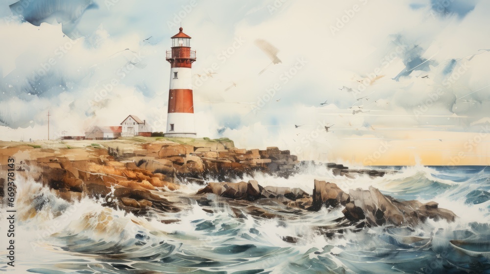 A lighthouse by the sea, watercolor, layering, earthy tones. AI Generative