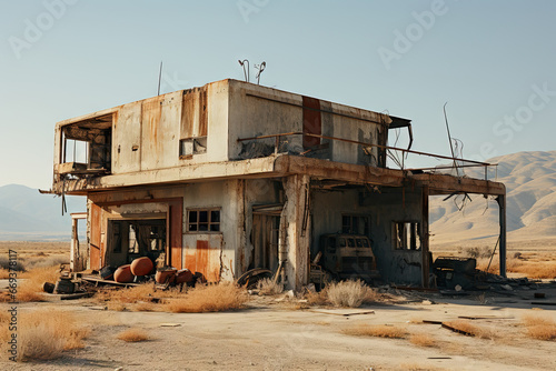 an old building in the middle of nowhere, with mountains in the background and no one standing on the ground