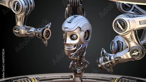 Futuristic robot head or humanoid face under construction by mechanical assembly arms. Cyber factory isolated on dark background. 3d rendering animation with alpha