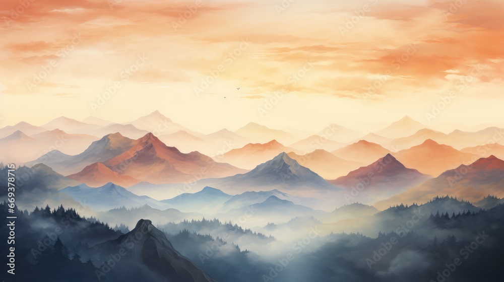 A mountain range, watercolor, gradient sky, earthy tones. AI Generative