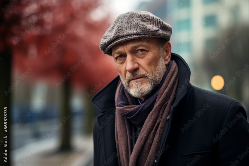 Portrait of an elderly man in a coat, hat and scarf on the street.