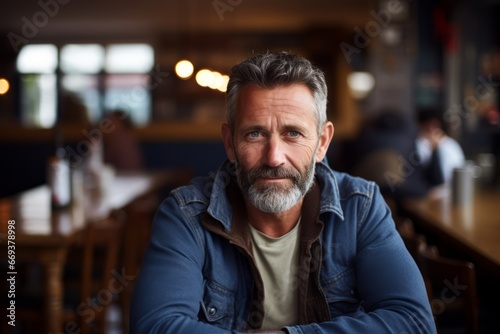 Portrait of mature man sitting in pub, looking at camera.