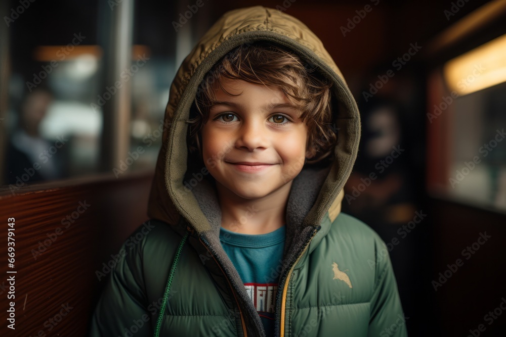 Portrait of a cute little boy in a green jacket and hood Portrait of a cute little boy in a green jacket and hood