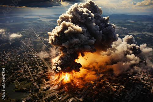 a huge explosion in the sky with smoke and flames coming from it's top, as seen from above