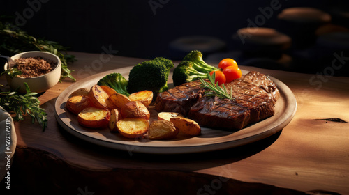 A plate of perfectly-cooked, juicy steaks, served with a side of roasted potatoes and steamed vegetables
