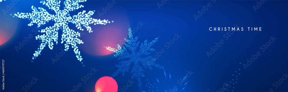 Fototapeta premium Merry Christmas and Happy New Year design with snowflakes and lights. Shining winter background.