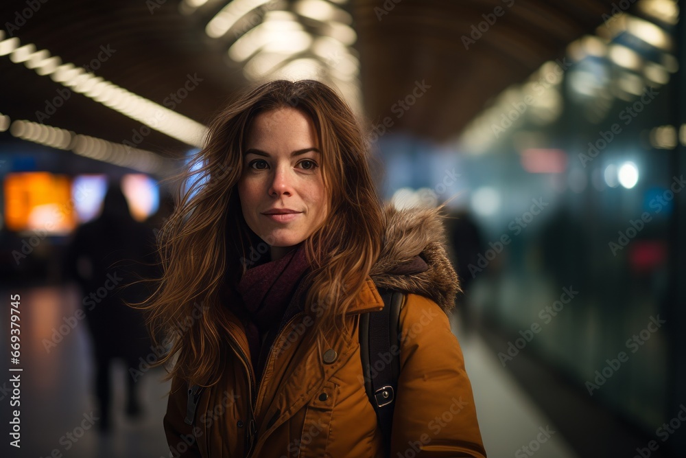 Young woman in a subway station at night. Shallow depth of field Young woman in a subway station at night. Shallow depth of field