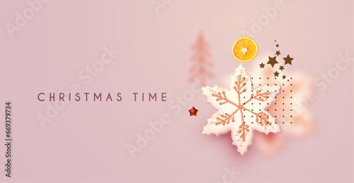 Christmas design template with cookies and orange slices. Tasty winter space.