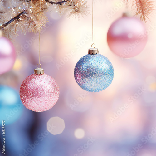 Christmas pastel colored baubles with beautiful bokeh lights
