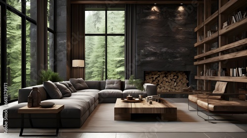the stone wall in the living room is covered in pillows, stains and pictures, in the style of norwegian nature, monochromatic depth, tonalist color scheme, environmentally inspired, lively tableaus