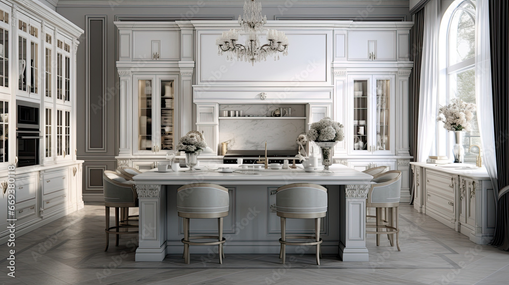 beautiful large white kitchen with white cabinets in luxury home ...