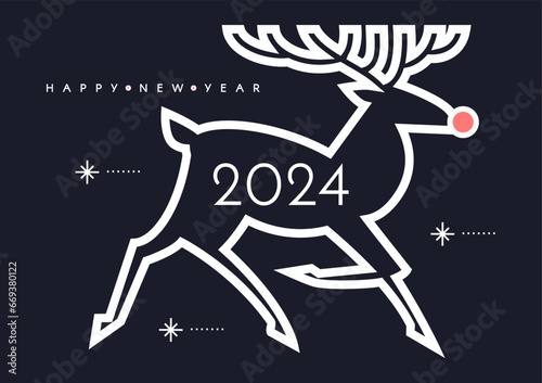 Happy New 2024 Year card template with deer and gifts. Minimal text template