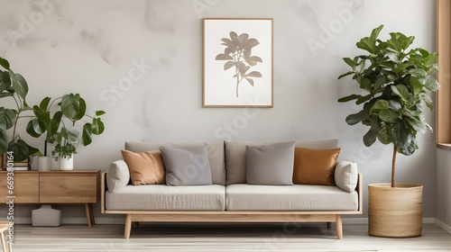 a living room with big modern plant framed prints and a sofa, in the style of sepia tone, delicate watercolor, light gray and beige, rustic texture, uhd image, symmetry and balance, cottagecore photo