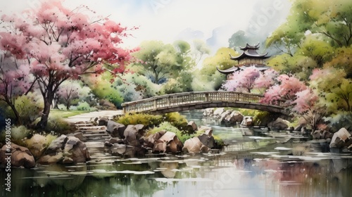 A peaceful watercolor of a zen garden with a small bridge and rocks. AI Generative