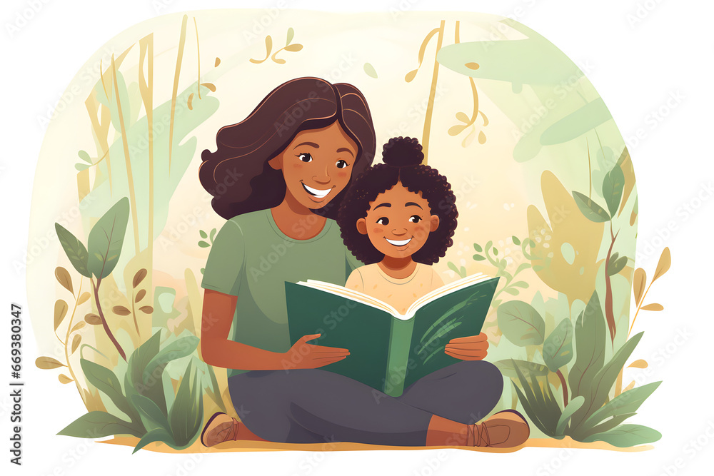 illustration of happy black Preschool age girl sitting with his mom reading a story book, cute simple cartoon style - obrazy, fototapety, plakaty 