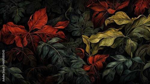 A dark background with many leaves in the foreground