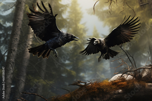 Image of crow is flying in the forest. Birds., Wildlife Animals.