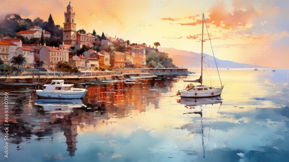 A picturesque watercolor of a seaside town at sunset. AI Generative