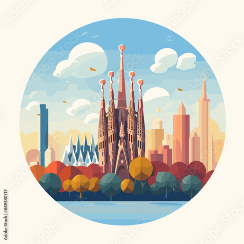 Flat 2D illustration, copy space, flat 2D vector illustration, hand drawn, view of The Sagrada familia, Spain. Famous touristic spot. Must-see spot. Beautiful architecture.