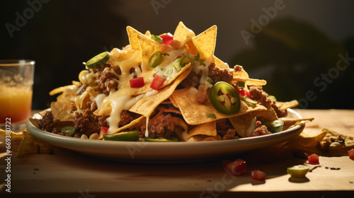 A plate of freshly-made nachos, with a variety of toppings and a generous helping of melted cheese photo
