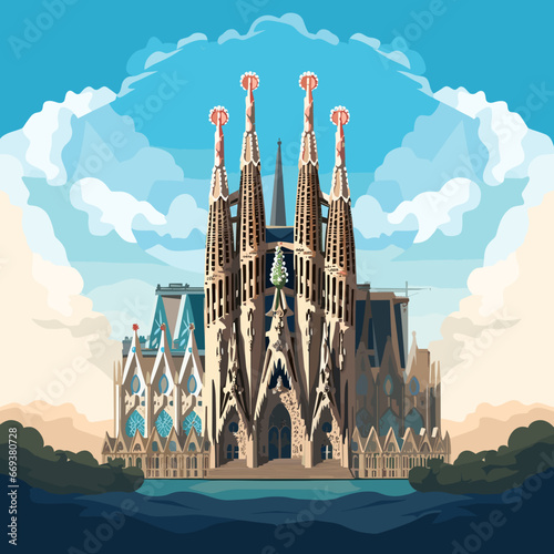 Flat 2D illustration, copy space, flat 2D vector illustration, hand drawn, view of The Sagrada familia, Spain. Famous touristic spot. Must-see spot. Beautiful architecture.