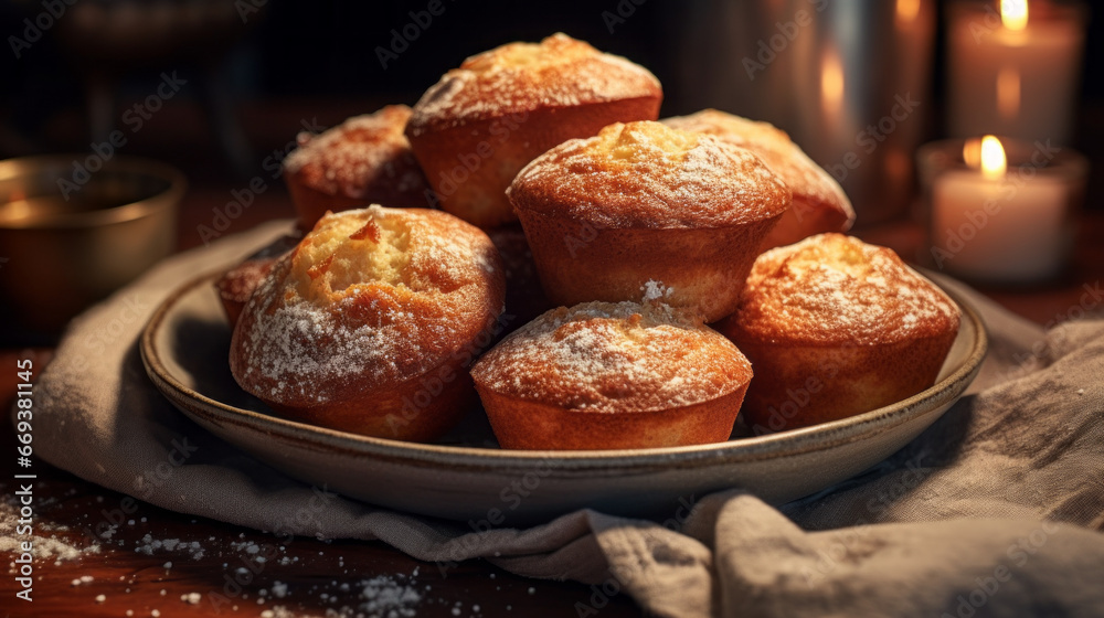 A plate of freshly baked muffins, glistening with melted butter and sprinkled with cinnamon and sugar