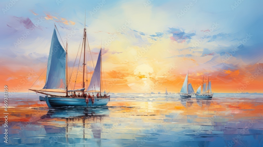 A seascape with sailboats, watercolor, splatter effect, bright colors. AI Generative