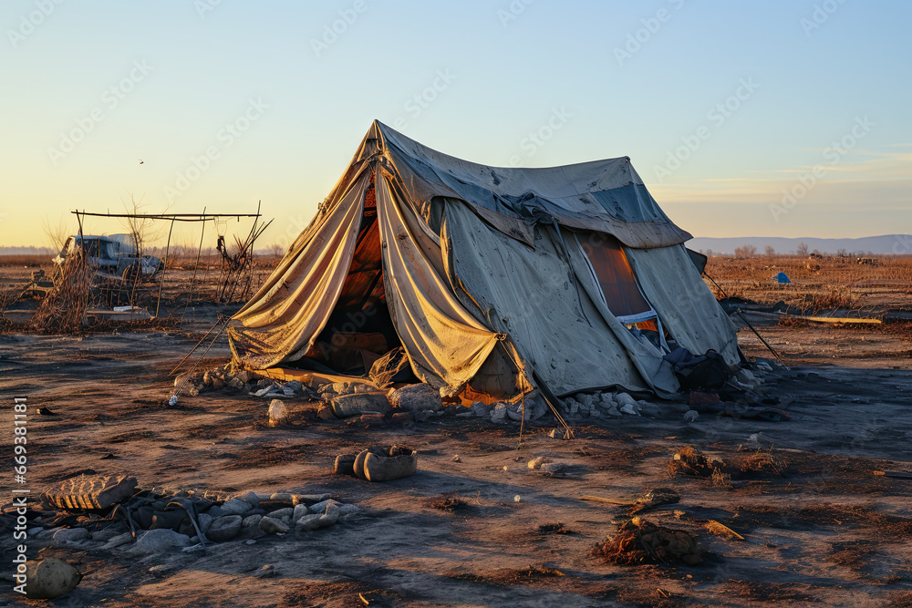 a tent set up in the middle of an open field with no people or objects around it at sunset time