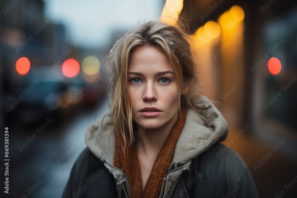 Portrait of a beautiful young woman on the street at night.